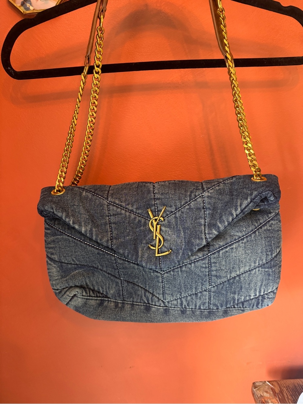 Saint Laurent Denim Chevron Shoulder Bag with Gold Hardware - Picture 11 of 13